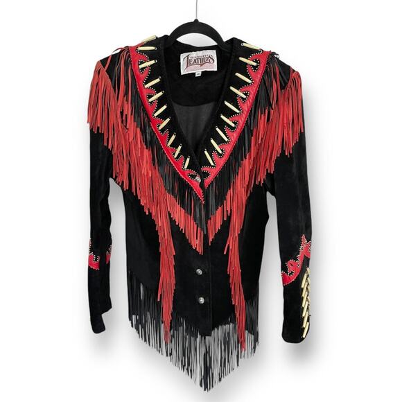 Vintage 90s Diamond Leathers Black Red Suede Fringe Western Jacket Bone Bead 12